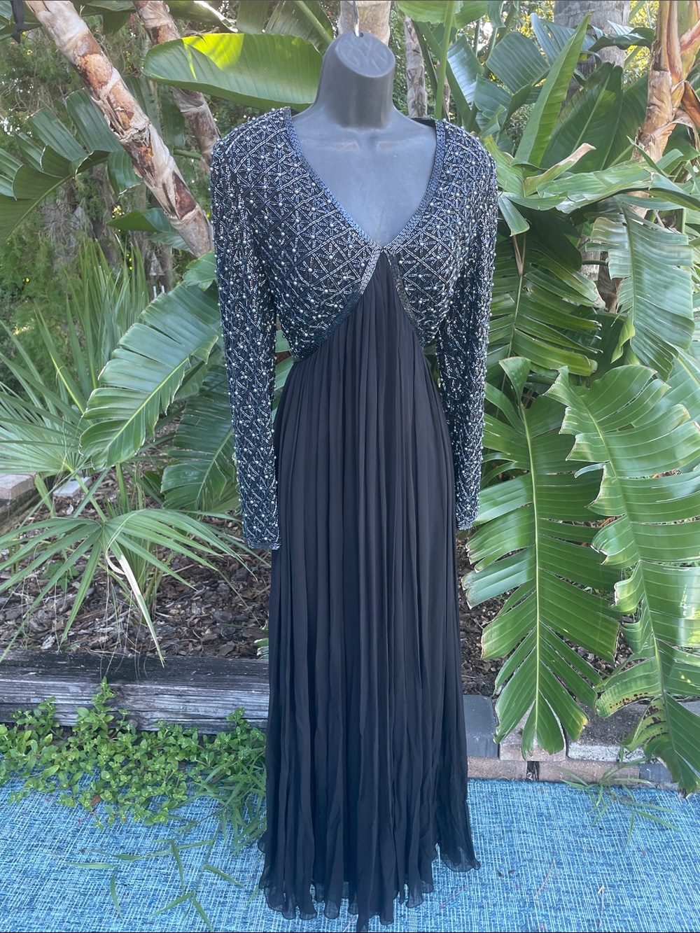 vintage geometric beaded and pearl power shoulder, 80s silk gown